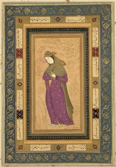 Girl holding an aigrette, from the Large Clive Album by Persian School